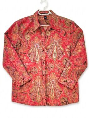 Chaps Paisley Button Down Shirt XL Red Orange Boho Cottagecore Vintage Style